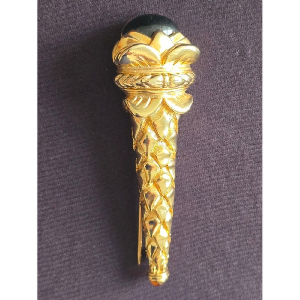 Anne Klein Vintage Gold Tone Black Cabochon Cornucopia Torch Brooch‎ Pin 3 Inch